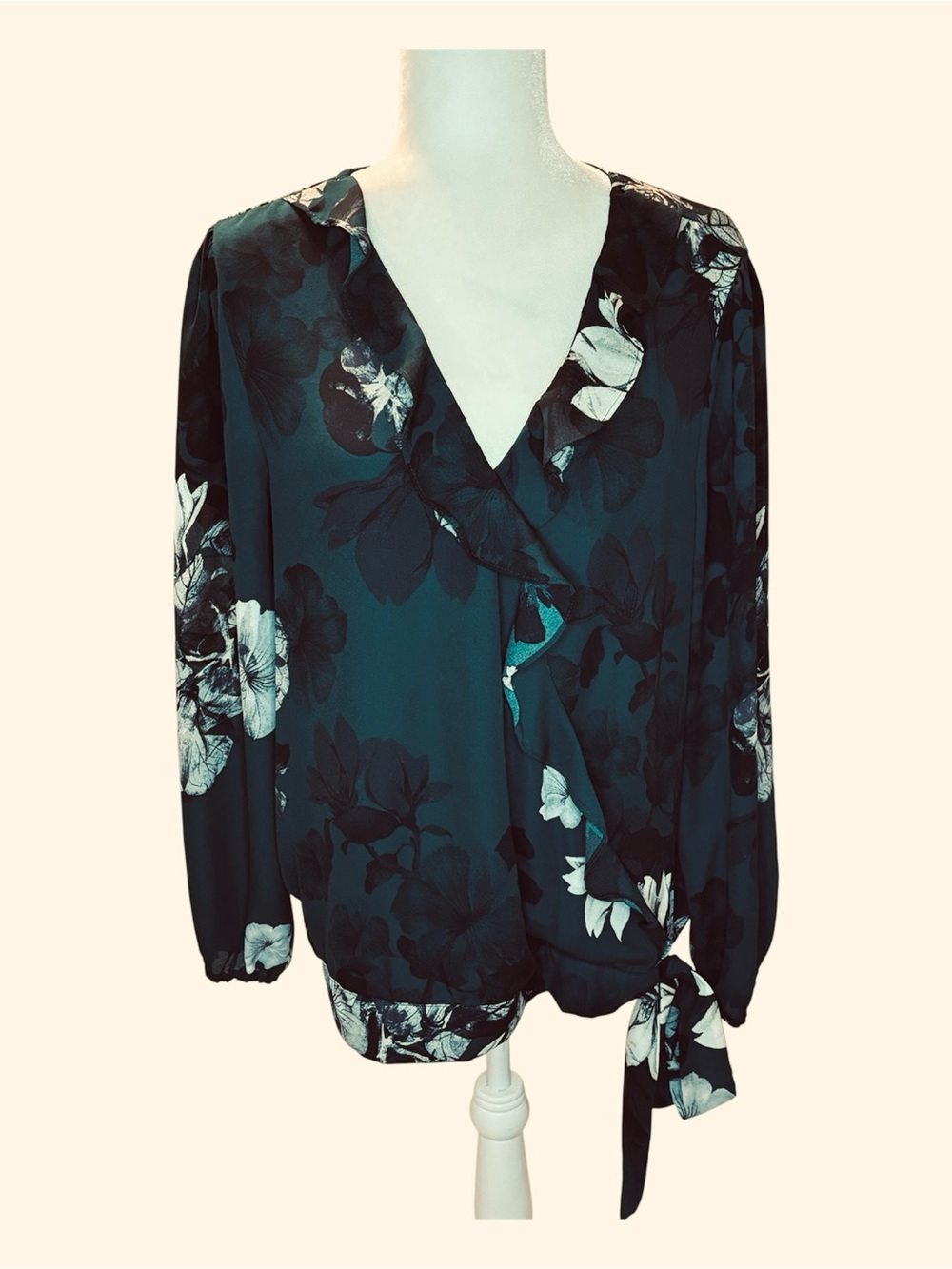 ZAC & RACHEL Forest Green Floral Ruffled Blouse Size Large
